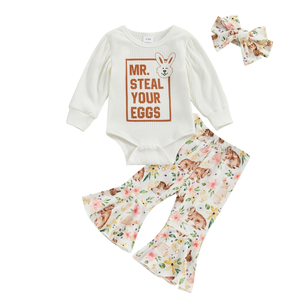 Girl Easter Outfit Long Sleeve Romper with Flare Pants Headband Set 