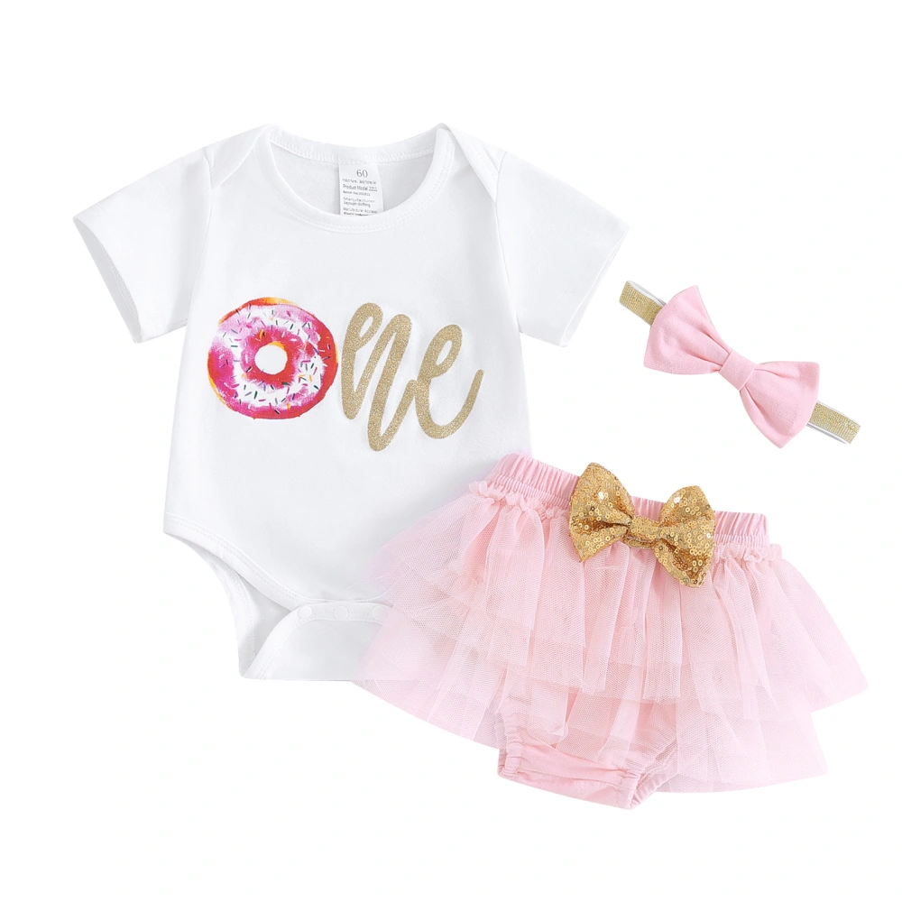 Short Sleeve Romper + Shorts + Headband Baby Girl First Birthday Set