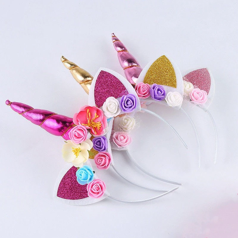 Cute Unicorn Horn Floral Head Hoop Shiny Color Headband Clothing Accessories