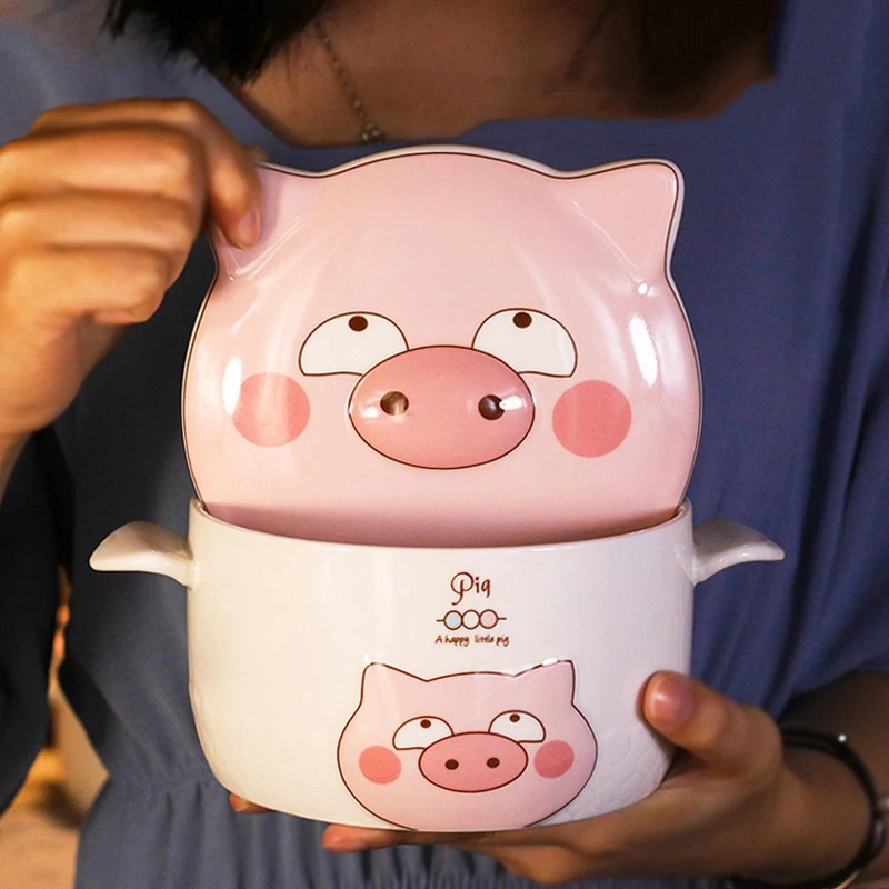 Ceramic Soup Bowl Eating Noodles With Cute Ears