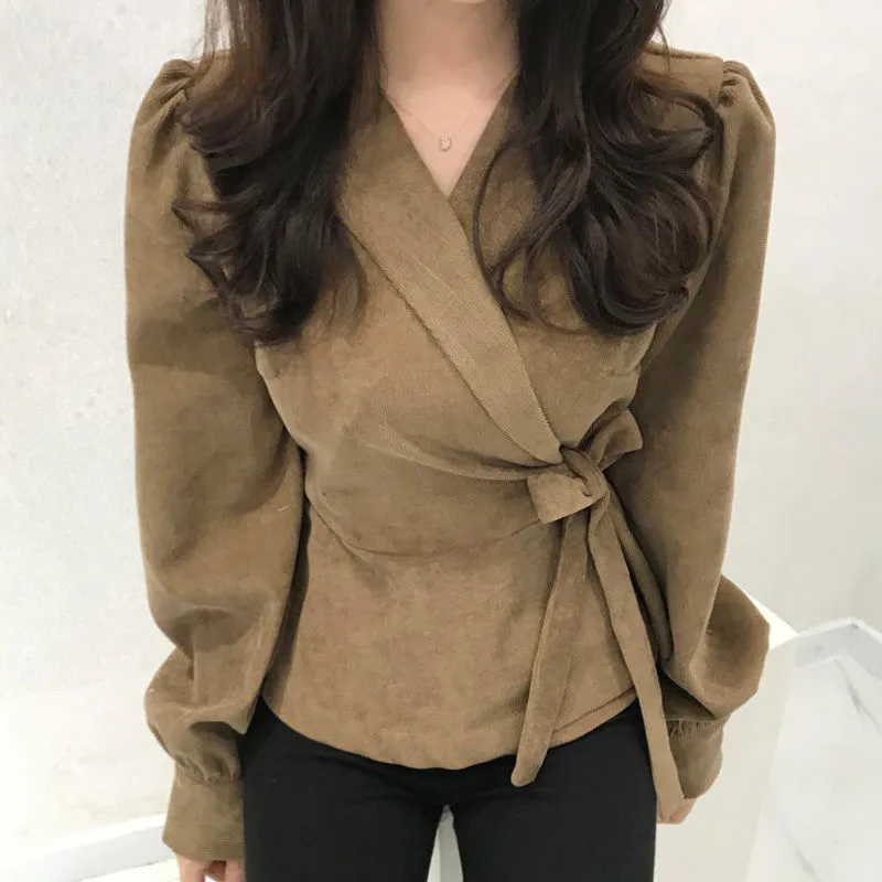 Women's Fashionable Side Lace-up Waist Puff Sleeve Shirt Top