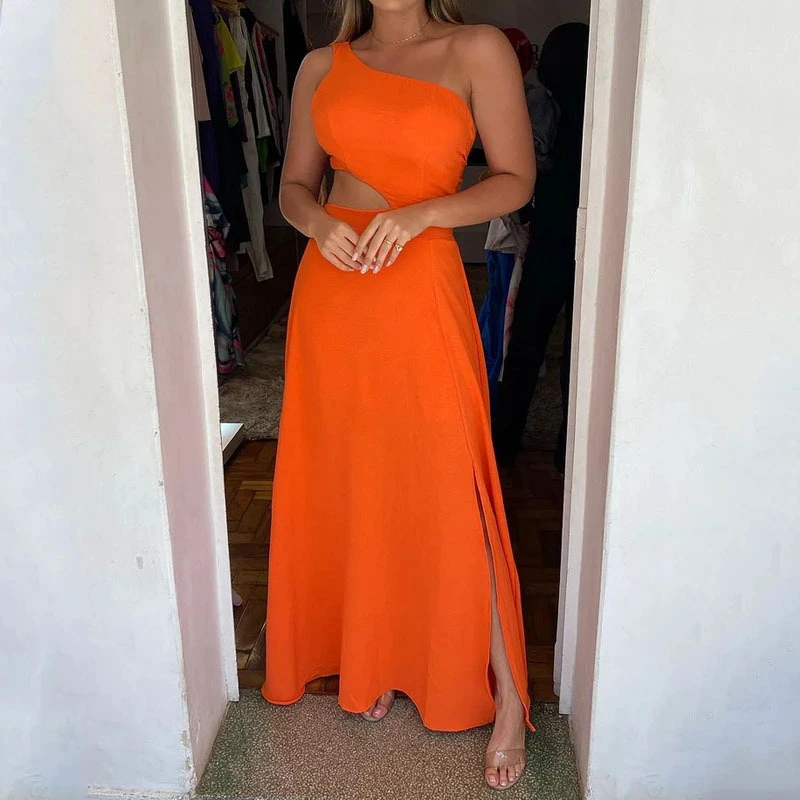 Women's Clothing Casual Fashion Shoulder Sleeveless Pure Color Tied Midriff Outfit Long Slit Dress