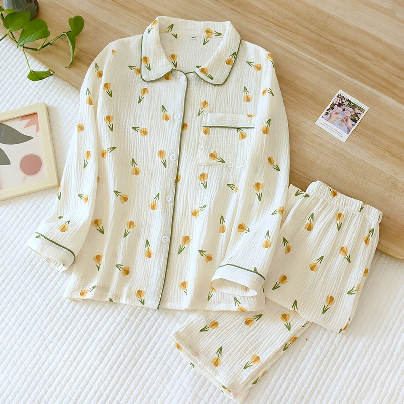 Spring And Autumn Gauze Crepe Long Sleeve Thin Homewear Women's Can Be Worn Outside In Autumn And Winter Suit
