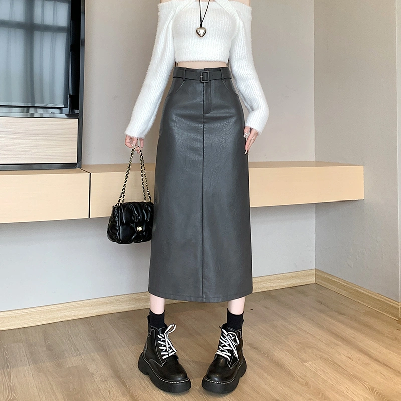 Coffee Colored High Waisted PU Leather Skirt For Women