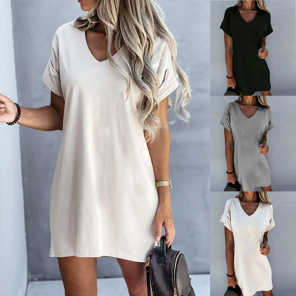 Women's Short Sleeve V-neck Solid Color Loose Dress