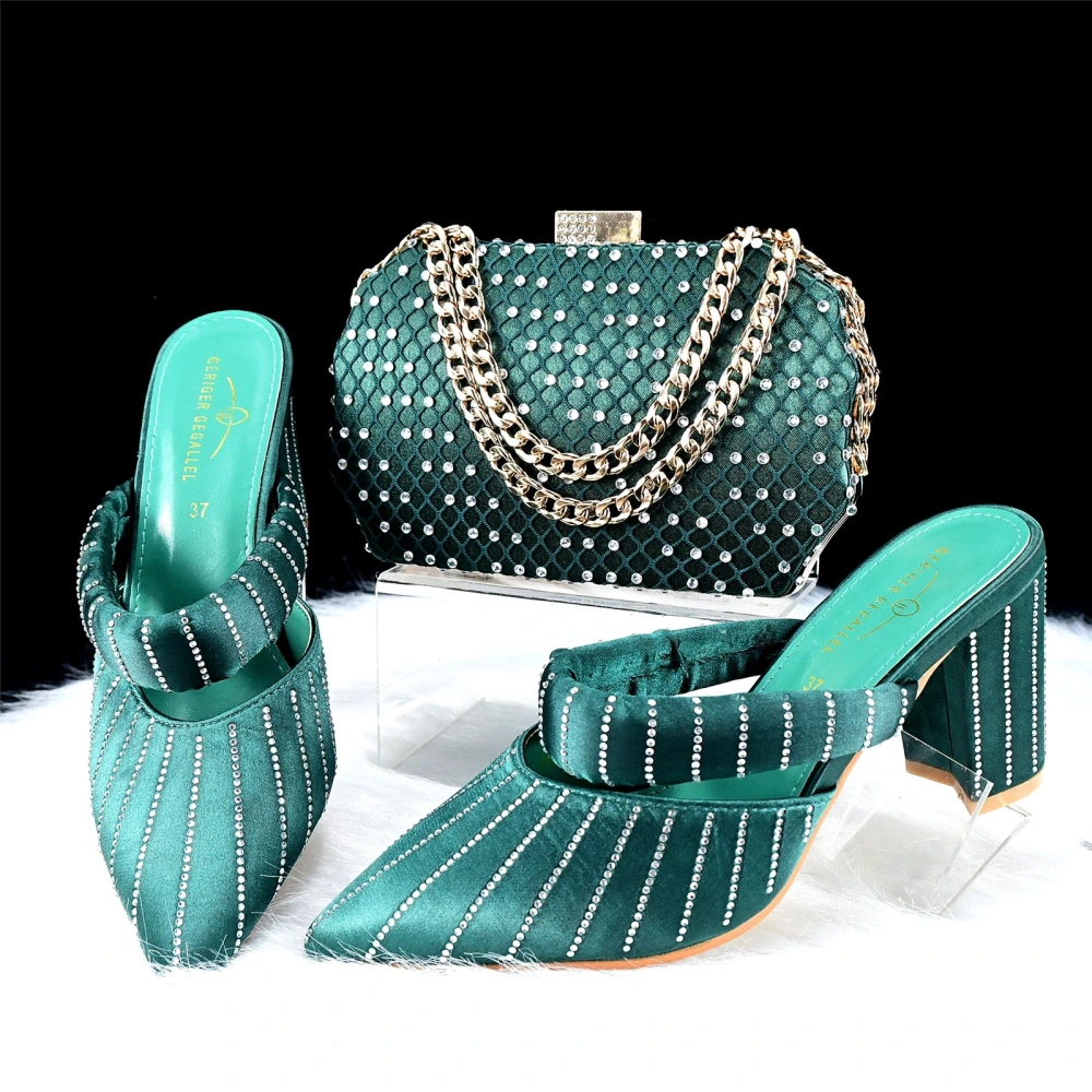 Green 8CM Pointed Toe Chunky Heel High Heels Hand Bag Casual Daily Party Dinner Shoes Bag Suit