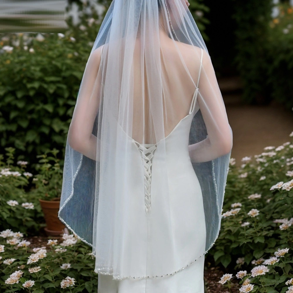 Handmade Bead Edging Single Layer Bridal Beaded Veil Long