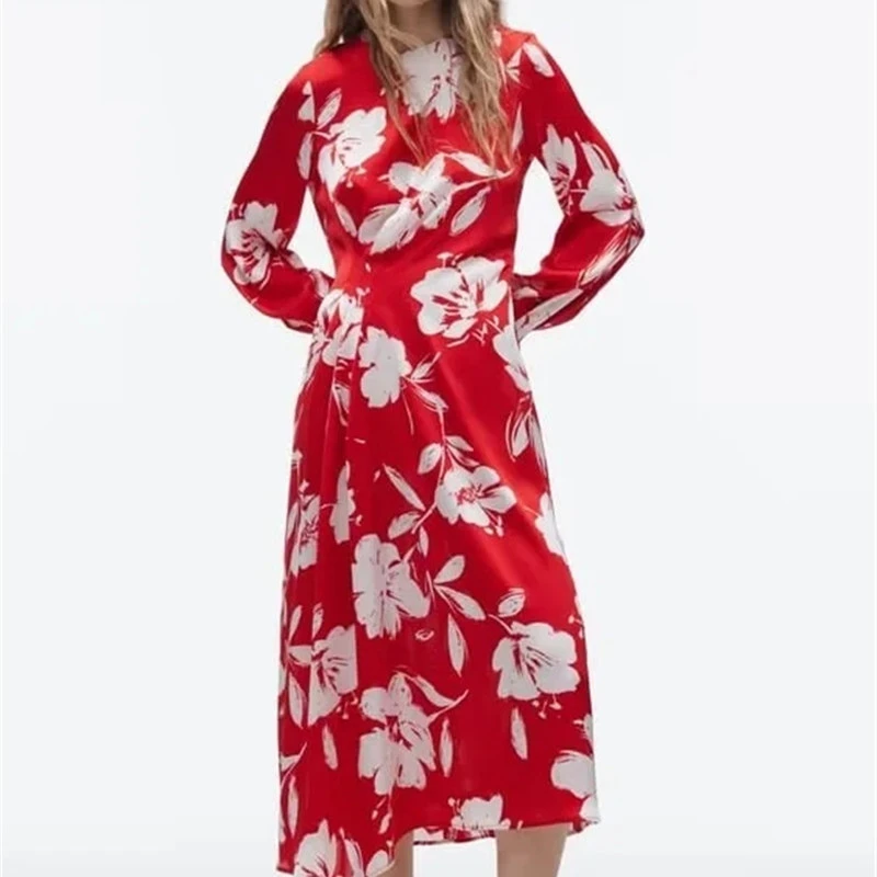Flower Print Pleated Long Dress Women