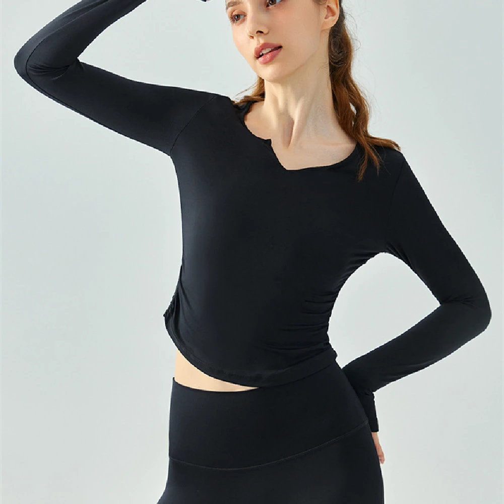 Nylon Loose V-neck Yoga Jacket Women's Circular Lower Hem Nude Feel Slim Fit Slimming Sports T-shirt Running Breathable Workout Long Sleeve