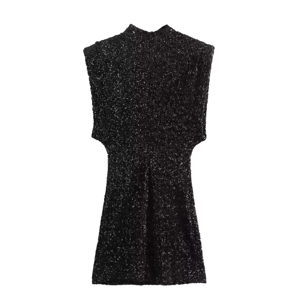 Women With Padded Shoulder Beads Decoration Mini Dress