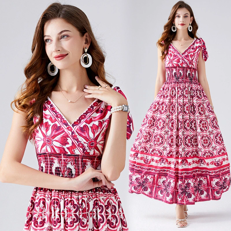 Women's V-neck Positioning Printed Elastic High Waist Bow Tied Dress