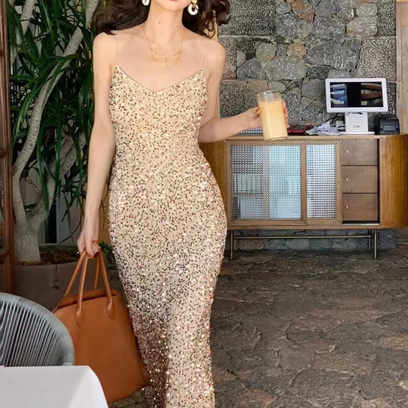 Red Velvet Sequins V-neck Strap Dress Women