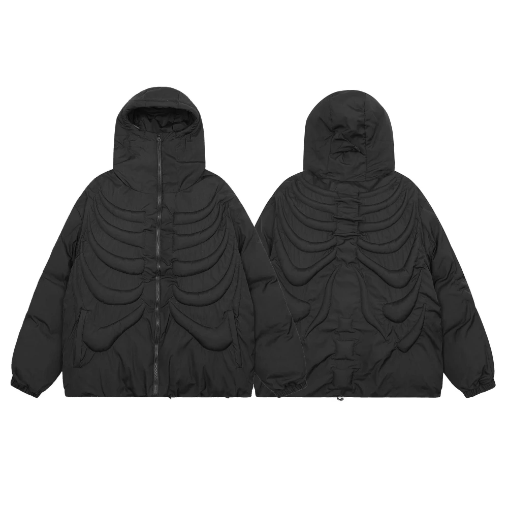 Dark Skull Skeleton Embossed Hooded Cotton-padded Jacket For Men