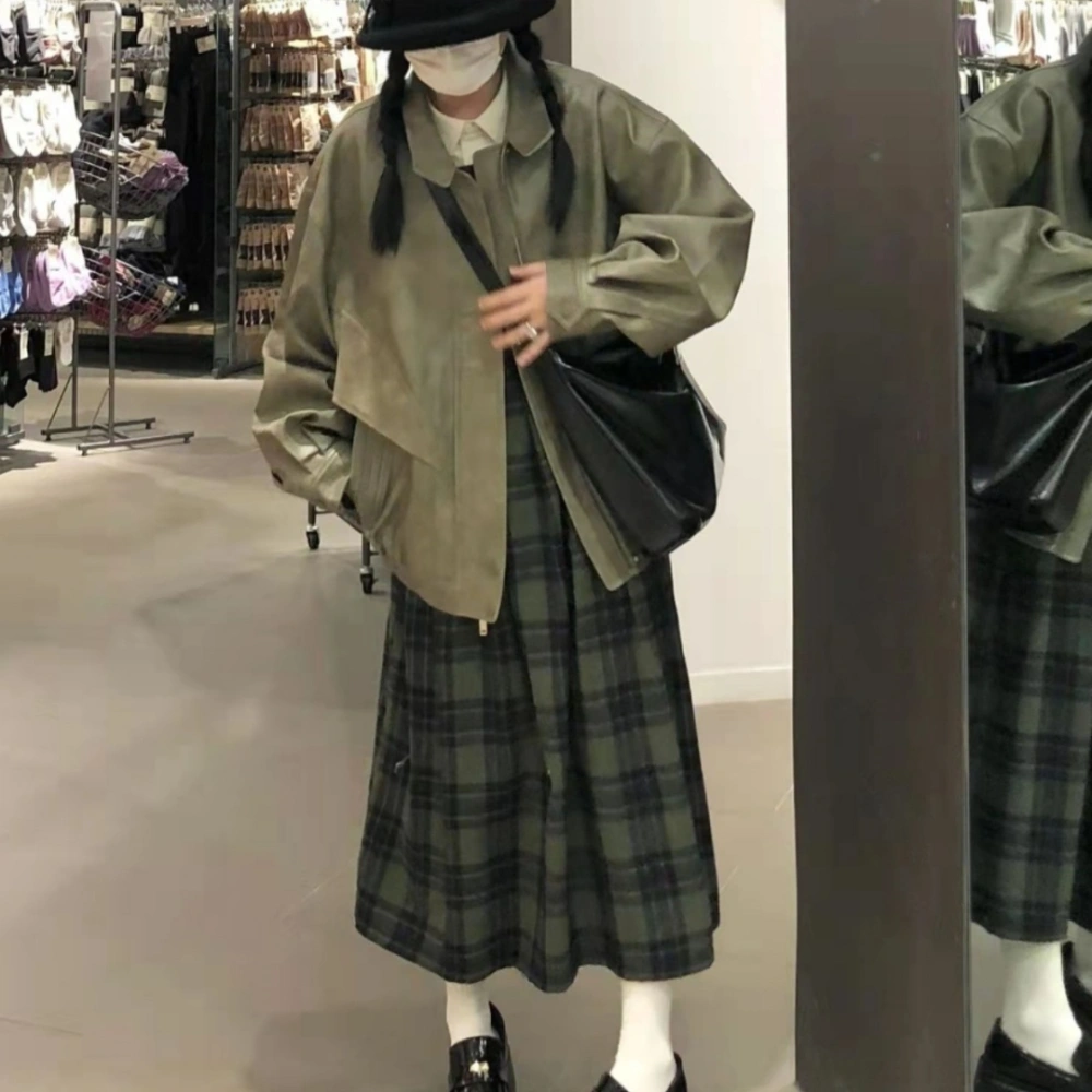 Vintage Wool Green Plaid Back Strap Matte Dress