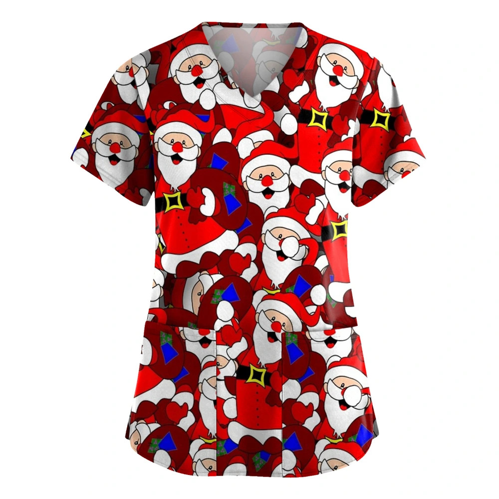 Christmas Printed V-neck Pocket Women's Short Sleeve T-shirt Cloth For Nursing Workers
