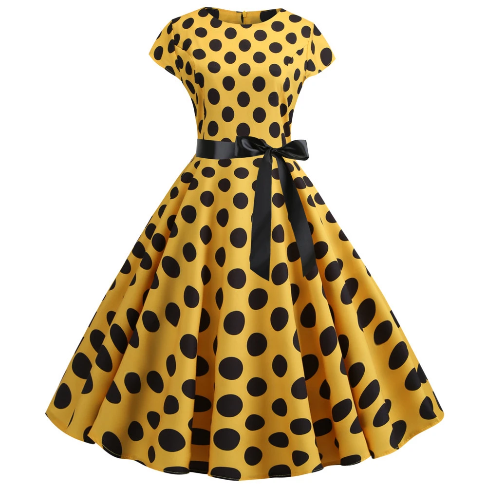 Summer Dots And Stripes Printed Waist-controlled Elegant Big Hem Dress