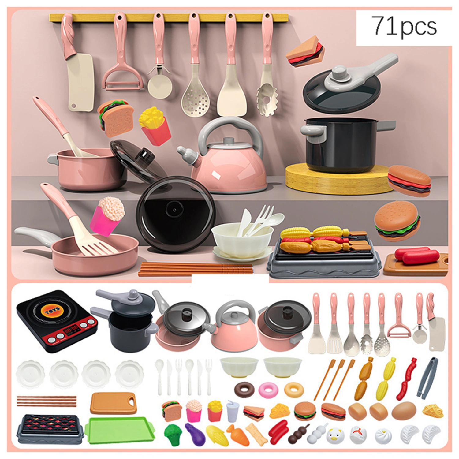 Pretend Play Kitchen Set 71Pcs Toddler Cooking Set with Pots Pans