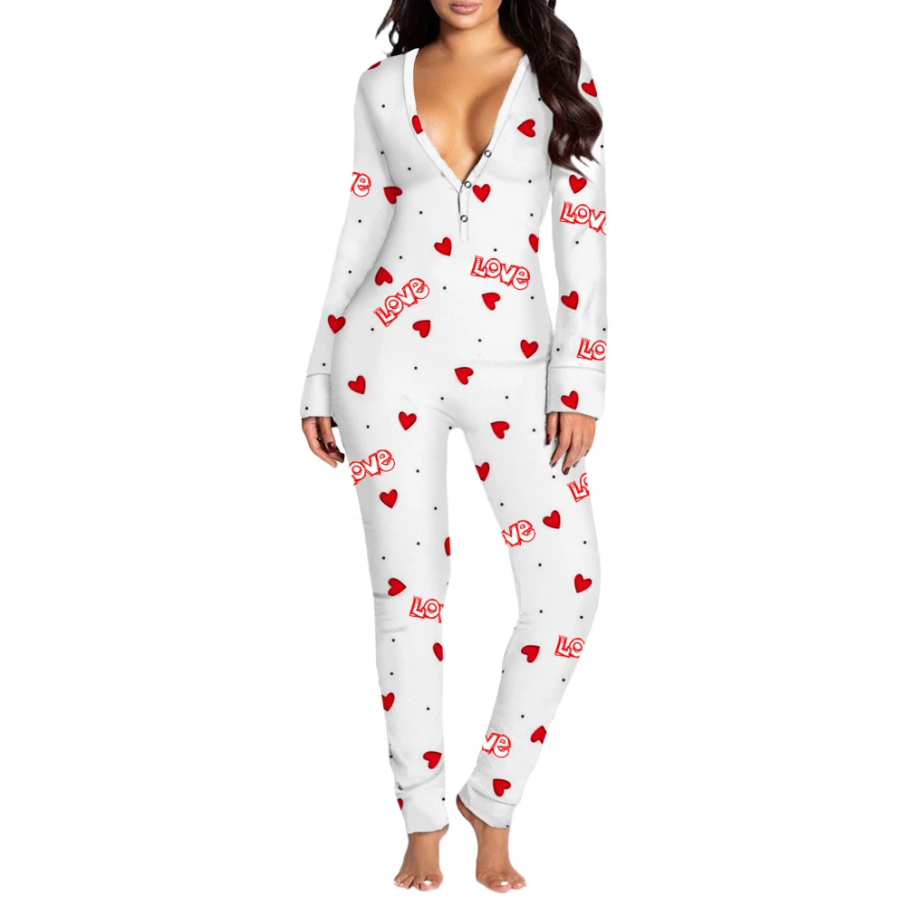 Women Valentine Jumpsuit, Long Sleeve V Neck Heart Print Loungewear