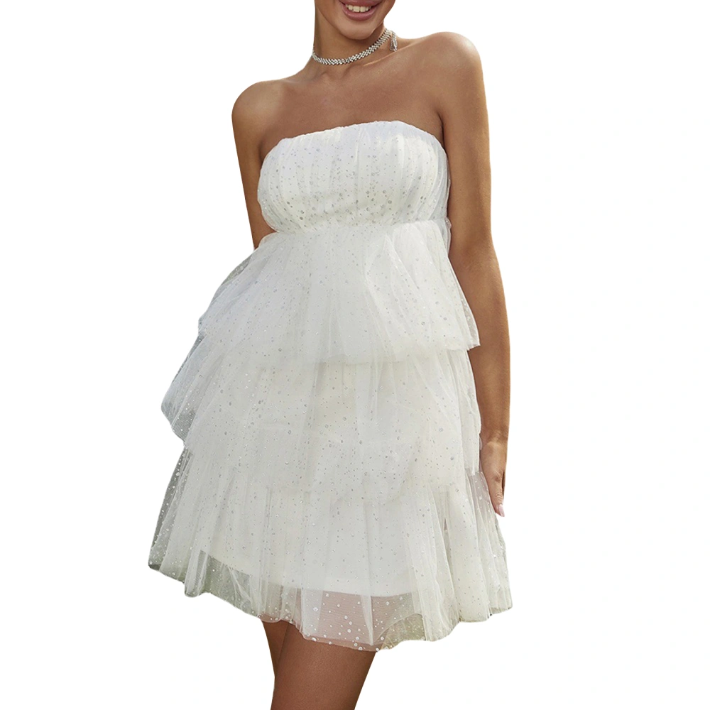 Women Wedding Party Dress Sequins Boat Neck Mini Strapless Dress