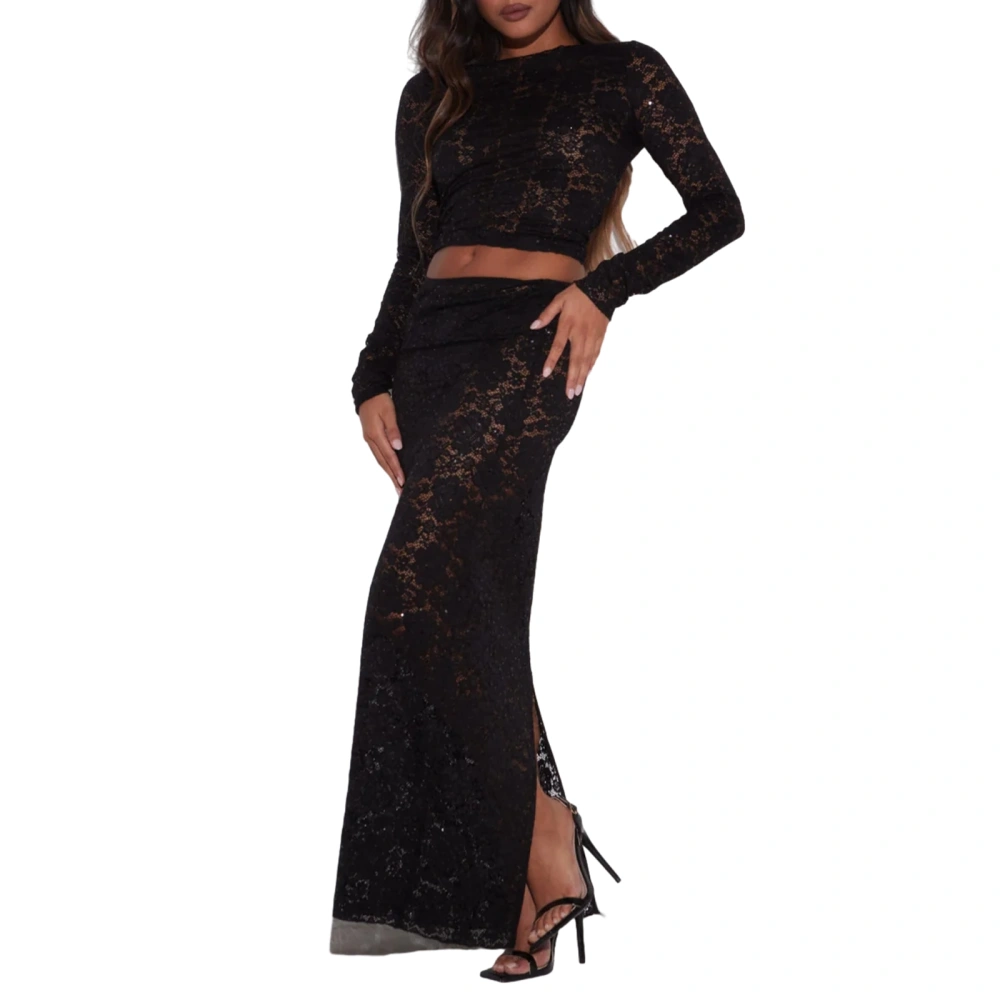 Women's Black Long Sleeve Lace Floral Tops Long Split Skirt Set