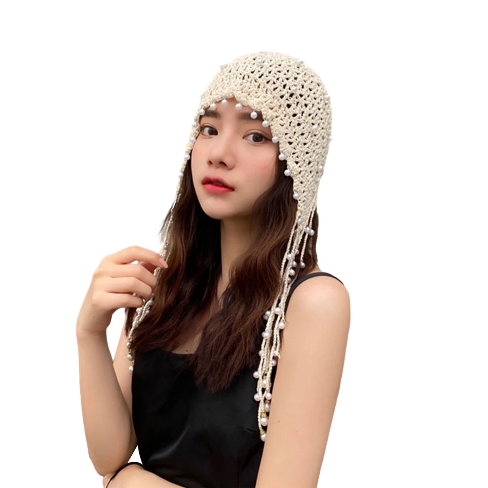 Women's Crochet Knitted Hat with Pearl Tassel Vintage Accessories