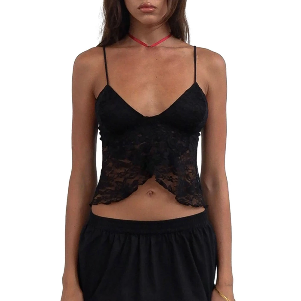 Women Lace Crop Cami Tops Spaghetti Strap Wrap Hem Camisole Tank Tops