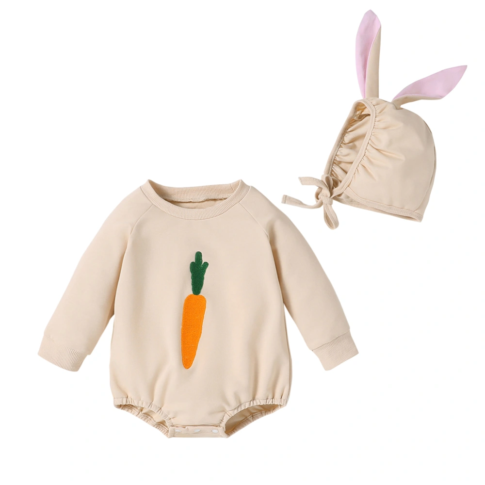 Long Sleeve Carrot Print Romper + Bunny Ear Hat Baby Girl Easter Set