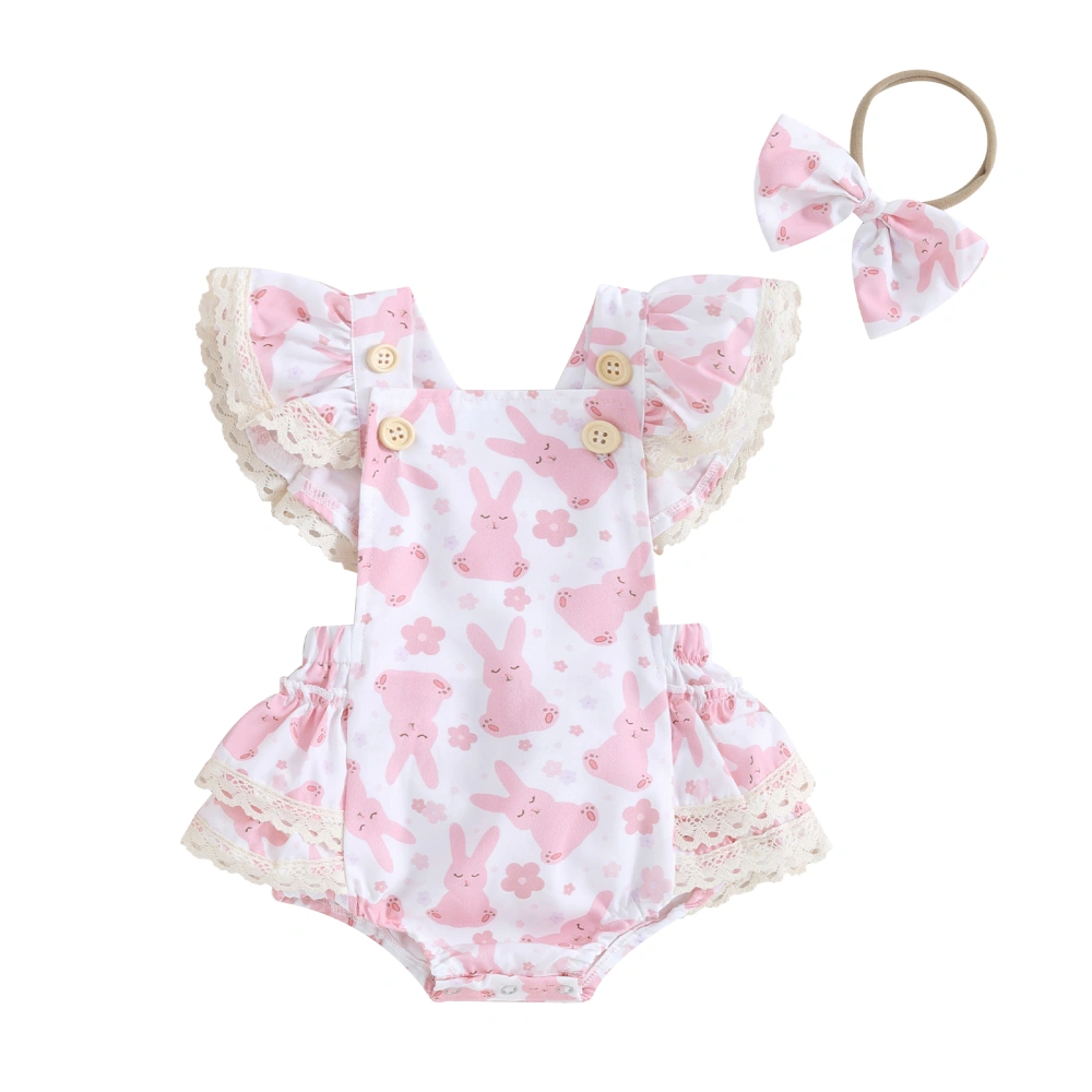 Baby Girls Easter Outfits Fly Sleeve Bunny Print Romper + Headband