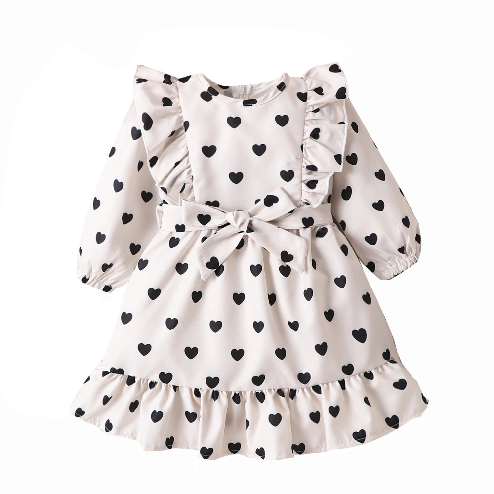 Girls Valentine's Day Long Sleeve Heart Print Ruffle Dress with Belt