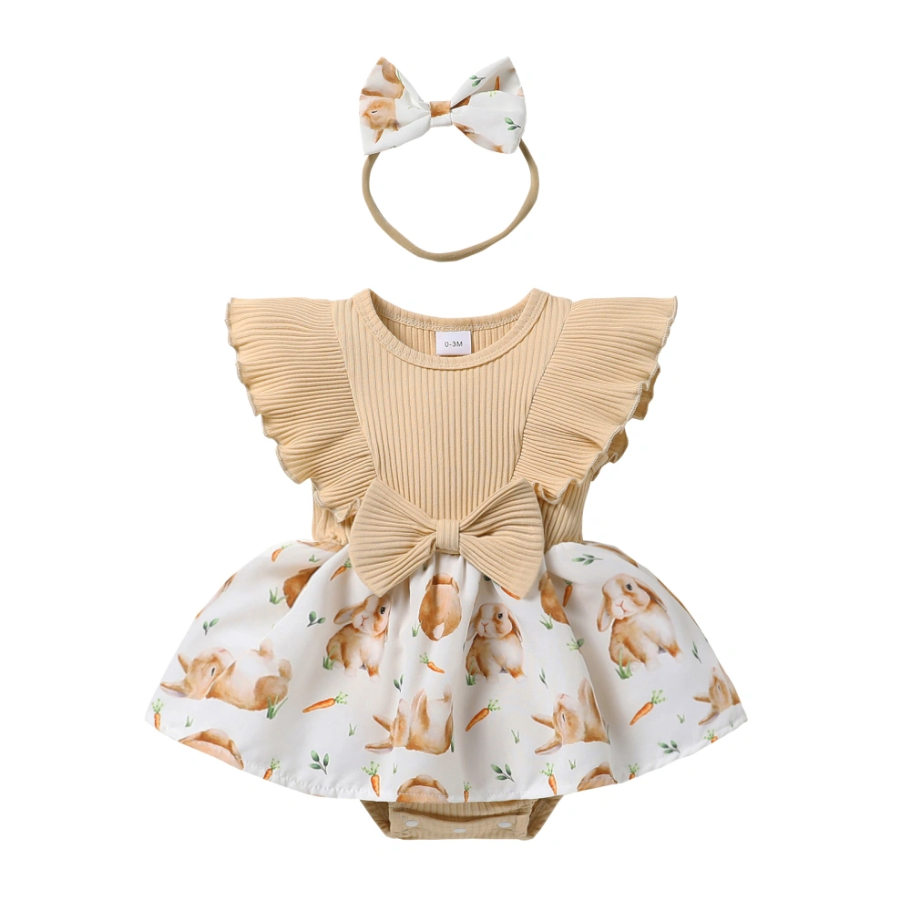 Baby Girl Outfit, Fly Sleeve Rabbit Print Romper Dress Hairband