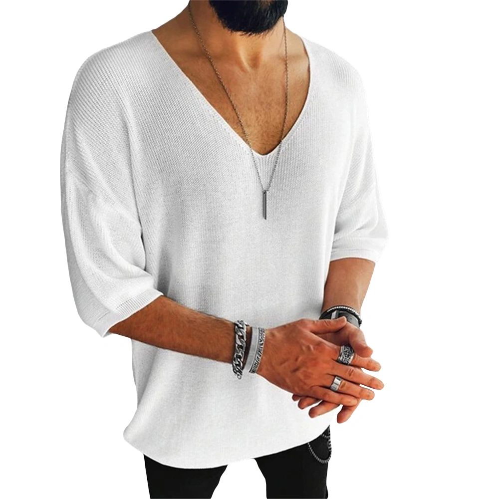 Men's Summer Solid Color Half Sleeve V Neck Loose Fit Knit T-shirt