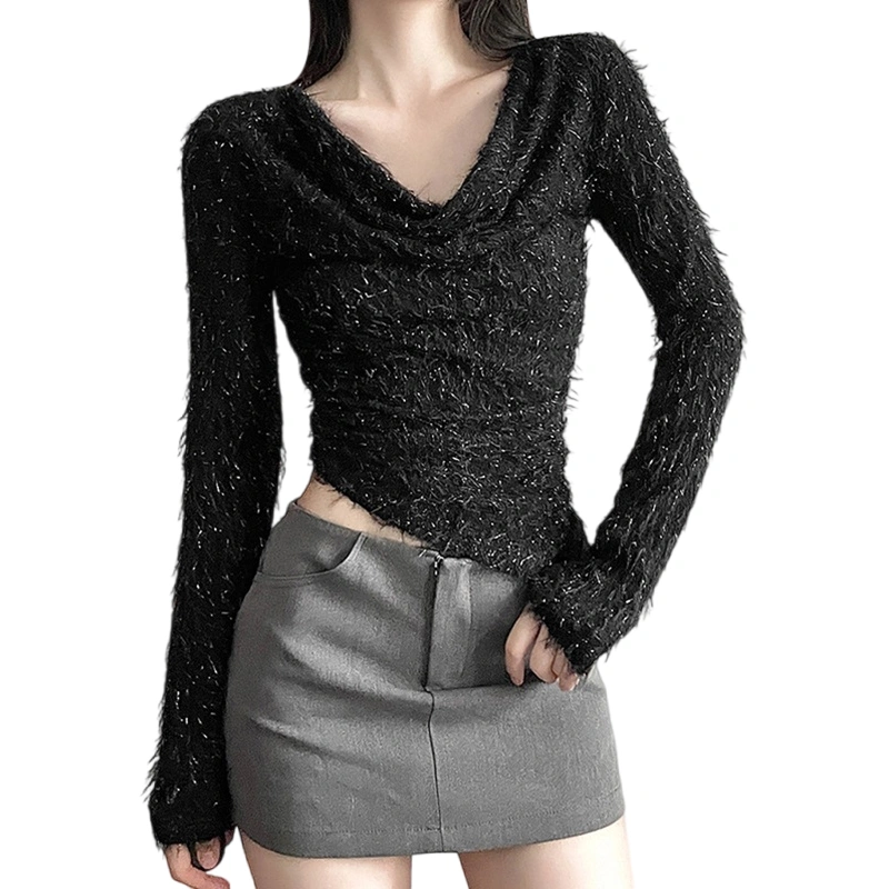 Women’s Slim Fuzzy Tops Long Sleeve Cowl Neck Asymmetric T-Shirt