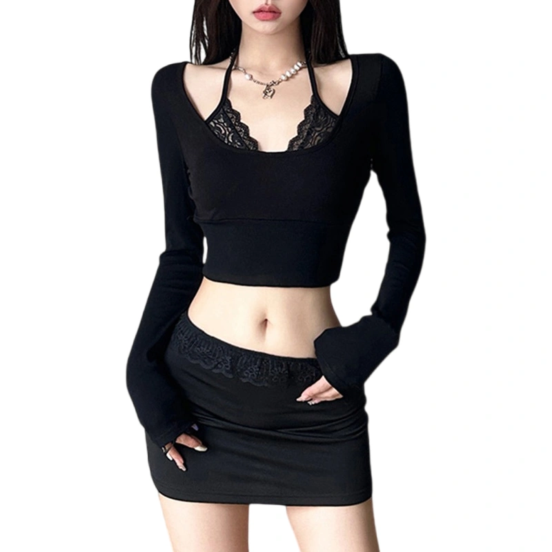 Women's Long Sleeve Scoop Neck Fake Two-Piece Crop Knit Tops