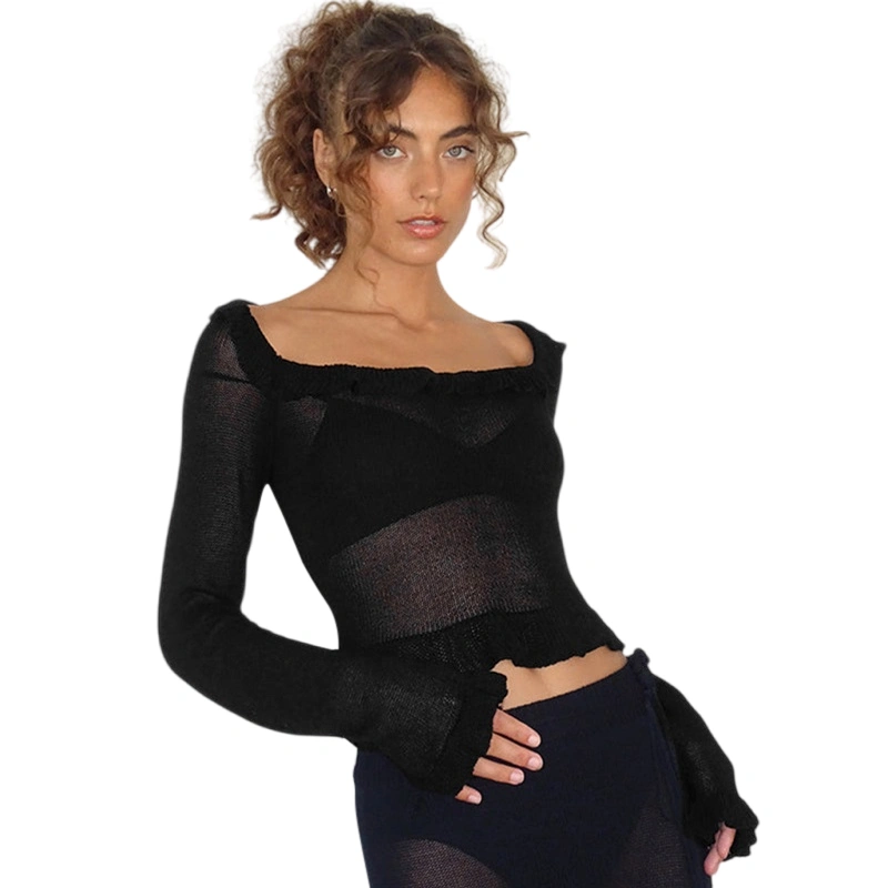 Women's Slim Fit Knit Tops Long Sleeve Scoop Neck See Through T-Shirts