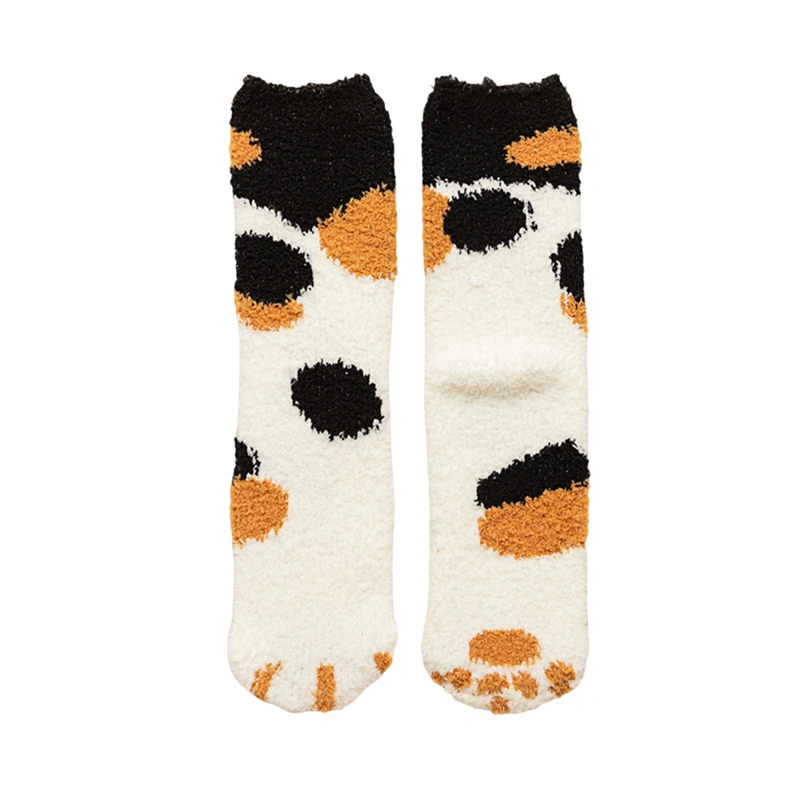 Women Winter Mid Calf Socks Coral Velvet Cat Paw Print Socks