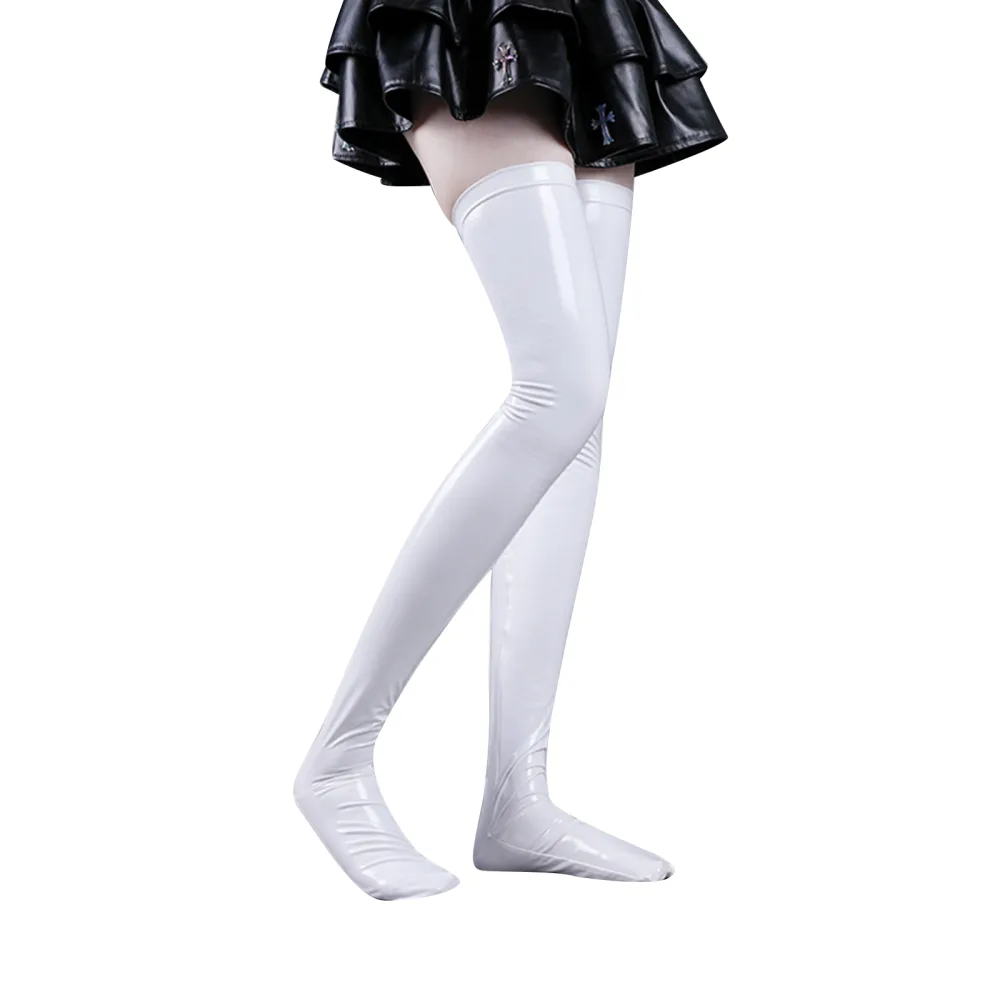 Women's Leather Thigh High Socks, Solid Color Long Stockings 