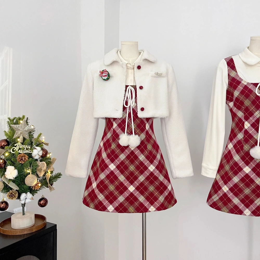 2pcs Set White Coat And Red Dress
