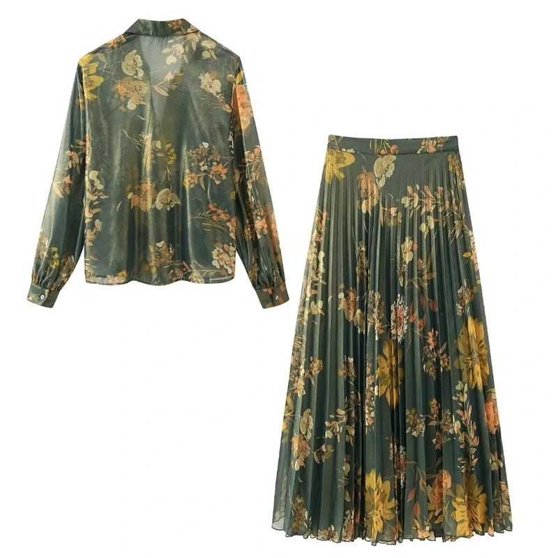 Women's Printed Shirt Printed Midi Skirt Pleated Skirt