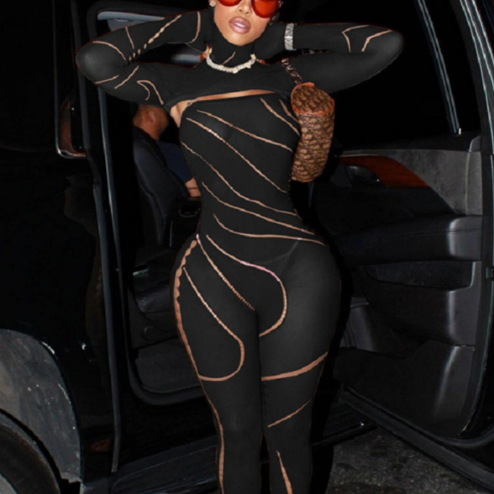 Sexy Cutout See-through Hooded High Waist Tight Knitted One-piece Trousers For Women