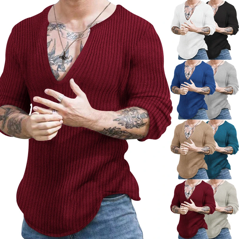 Men's Casual Autumn And Winter Deep V-neck Slim-fit Long Sleeve Solid Color Knitted Bottoming Shirt
