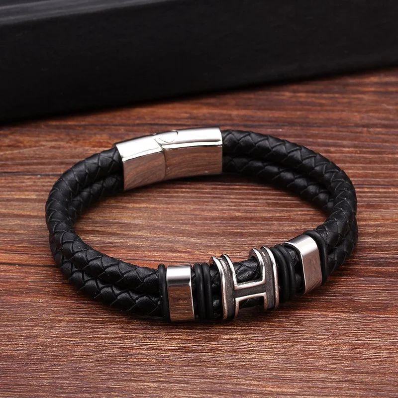 Retro Style High Quality Stainless Steel Ring H Accessories Genuine Leather Charm Accessories Men Women Bracelet