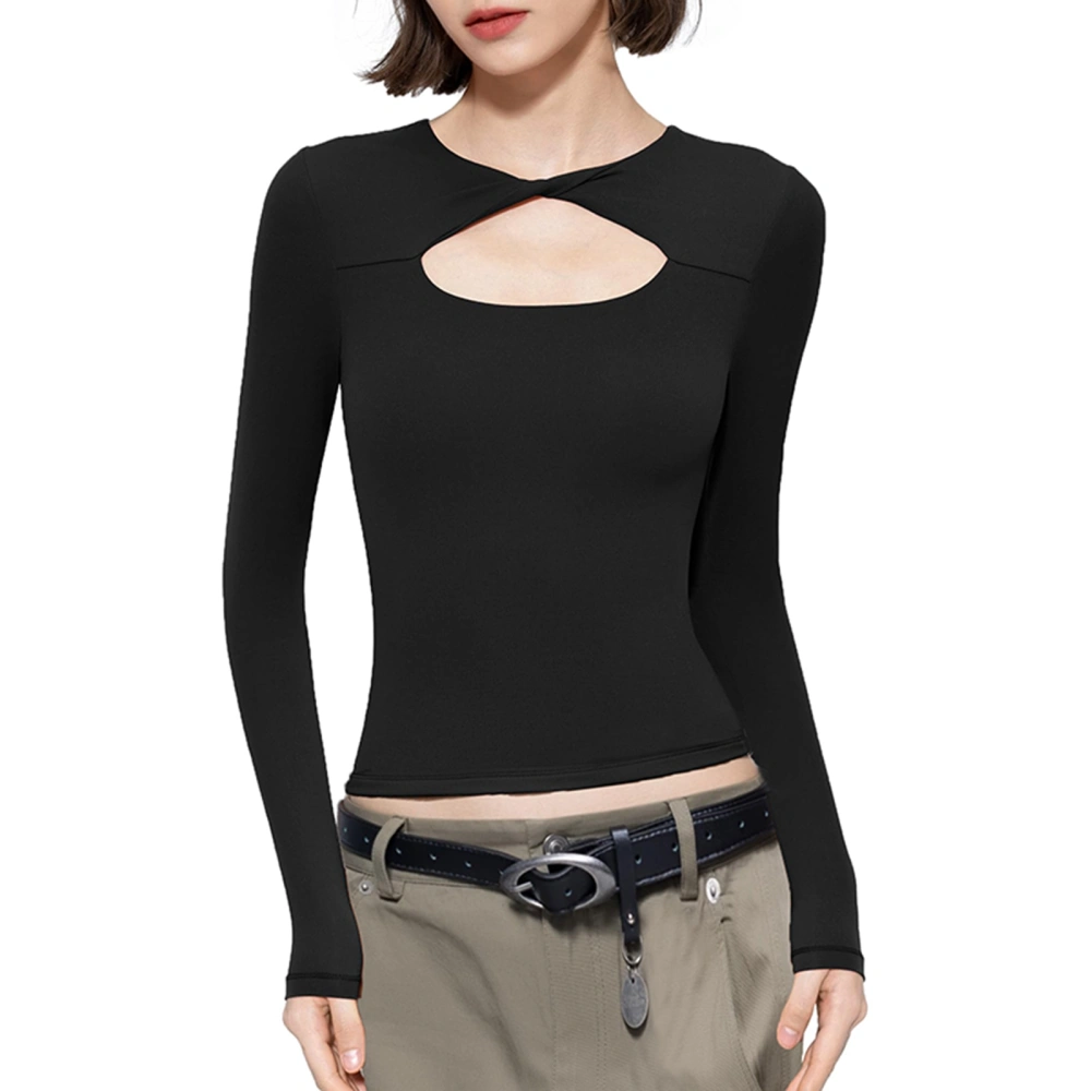 Women Long Sleeve T-Shirts Solid Color Knot Front Crew Neck Shirts