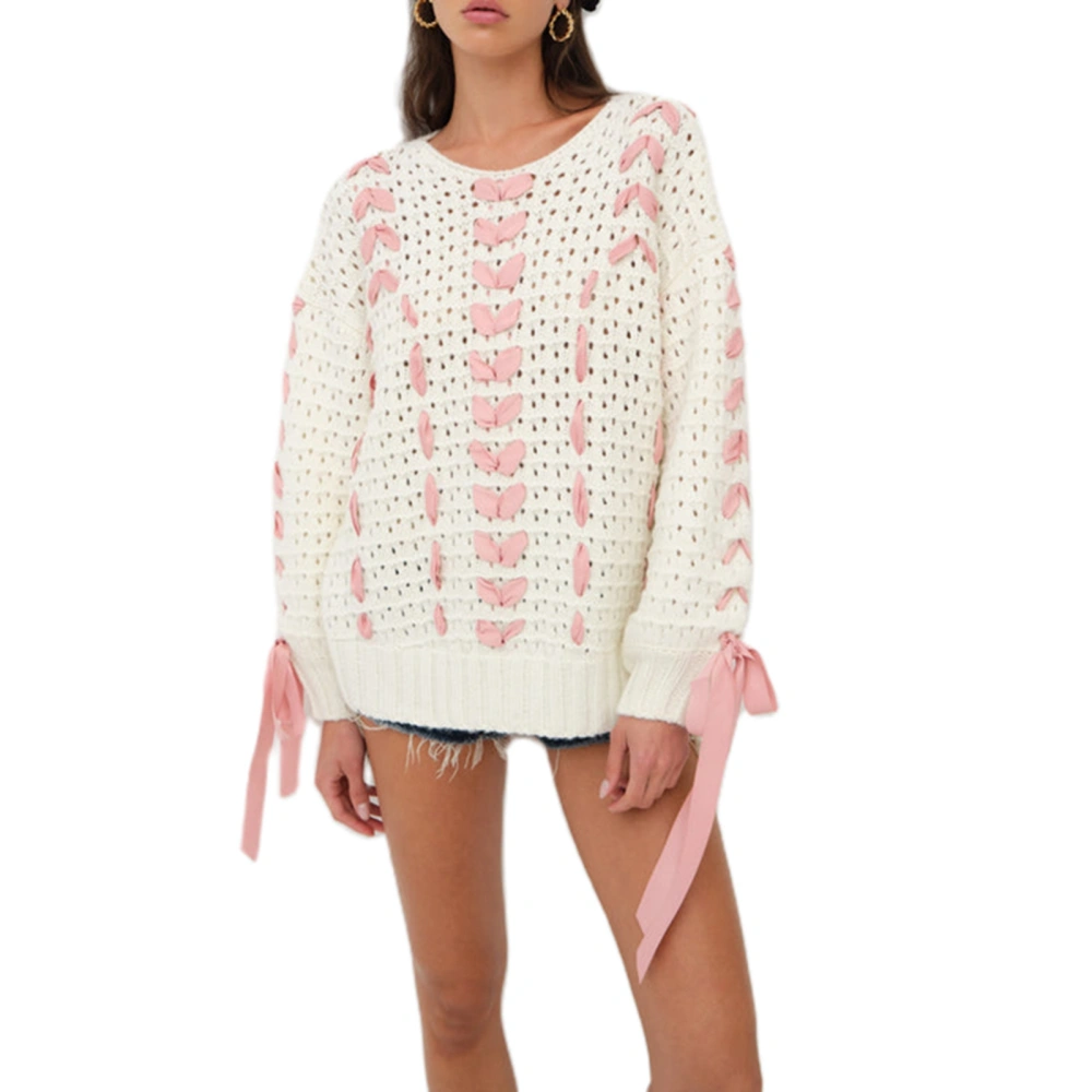 Women Knit Sweater Long Sleeve Hollowed Contrast Color Pullover