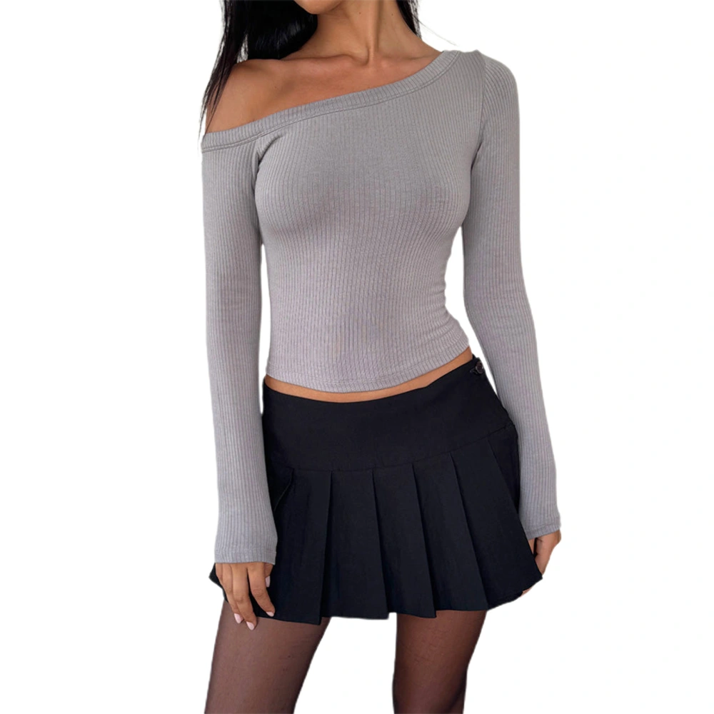 Women Ribbed Tops Solid Color Oblique Shoulder Long Sleeve T-Shirts