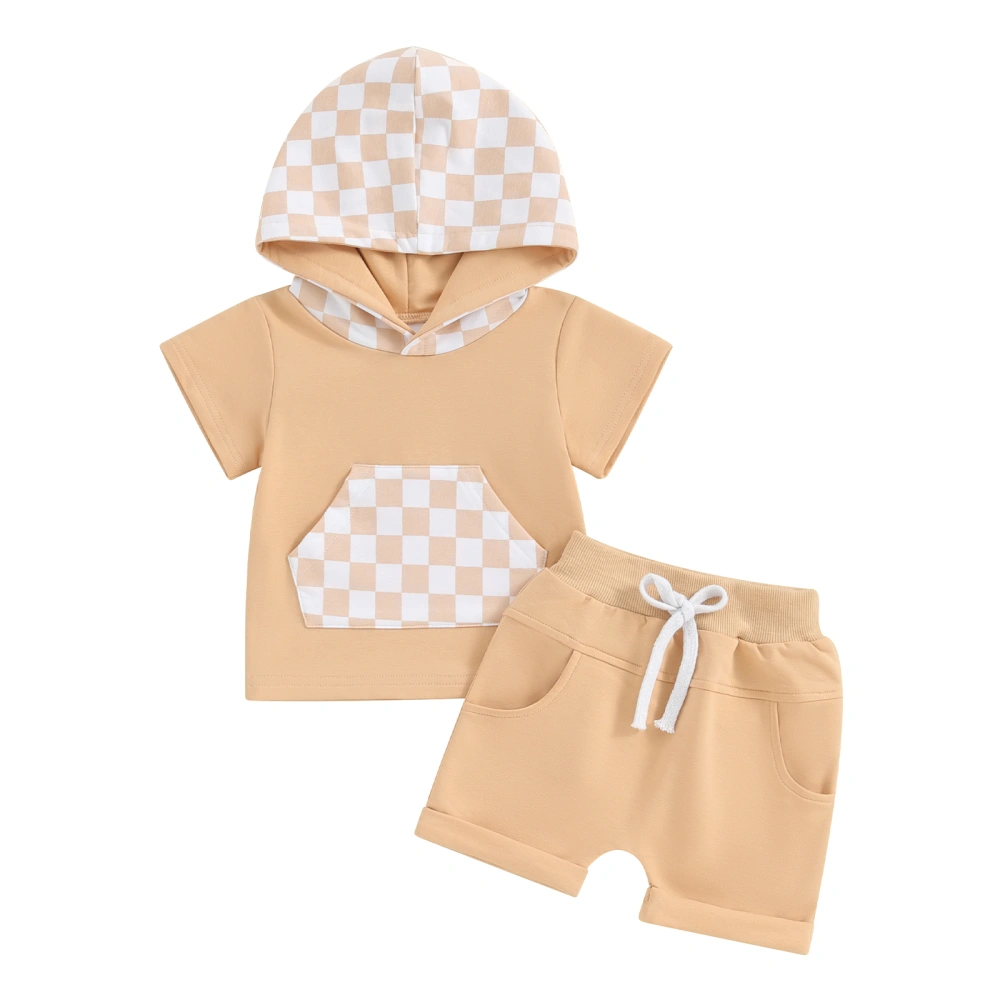 Toddler Checkerboard Print Hooded Tops and Drawstring Shorts Sets 