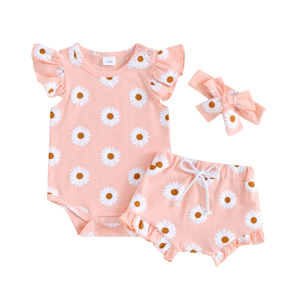 Baby Girl 3 Piece Clothes Daisy Print Romper and Shorts Headband Set 