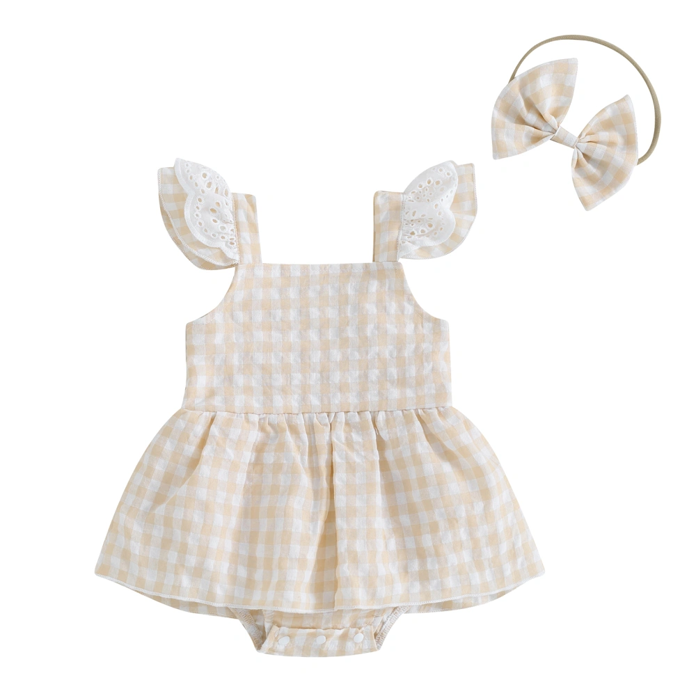 Baby Girls Rompers Dress Plaid Fly Sleeve Bodysuits with Headband