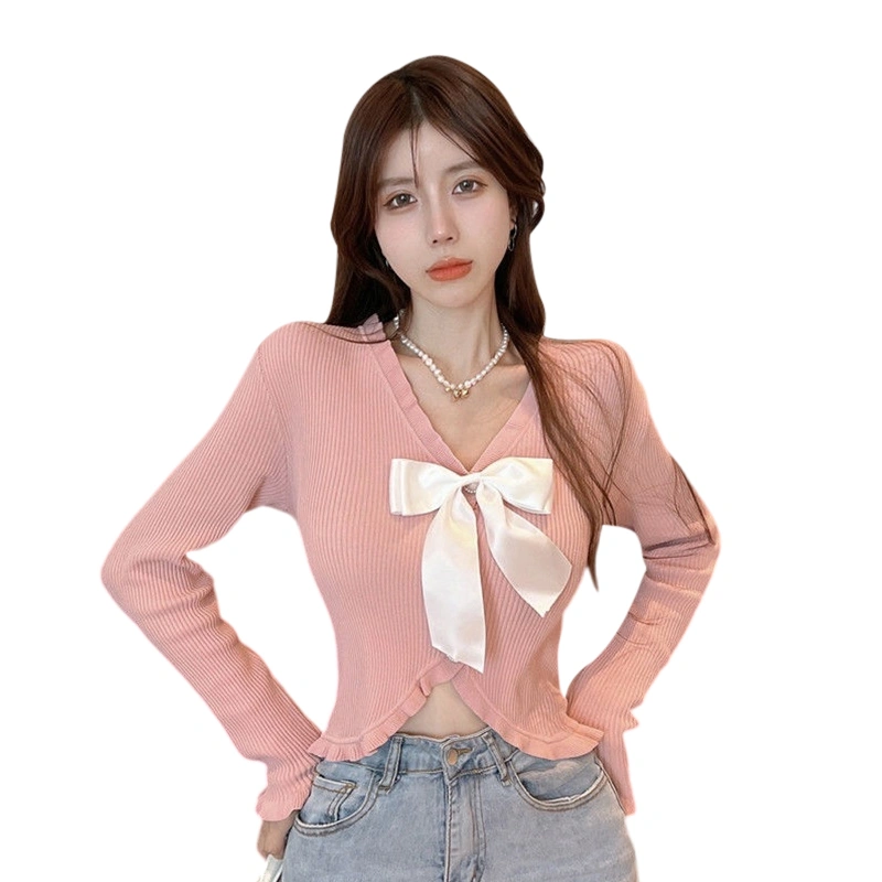 Women's Spring Autumn Long Sleeve V Neck Button Up Bow Knitwear