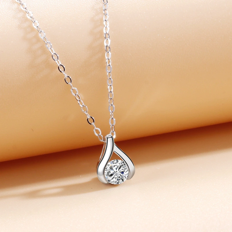 Women's Elegant Drop Shaped Diamond Pendant Sterling Silver Necklace