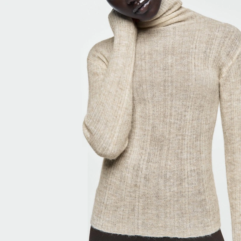 Spring Pile Collar European And American Simple Style Slim Fit Sunken Stripe Turtleneck Long Sleeve Bottoming Sweater